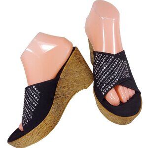 Onex Size 9 or 10 Platform Wedge Sandals 3.5 Heel Black Rhinestone Studs Stretch
